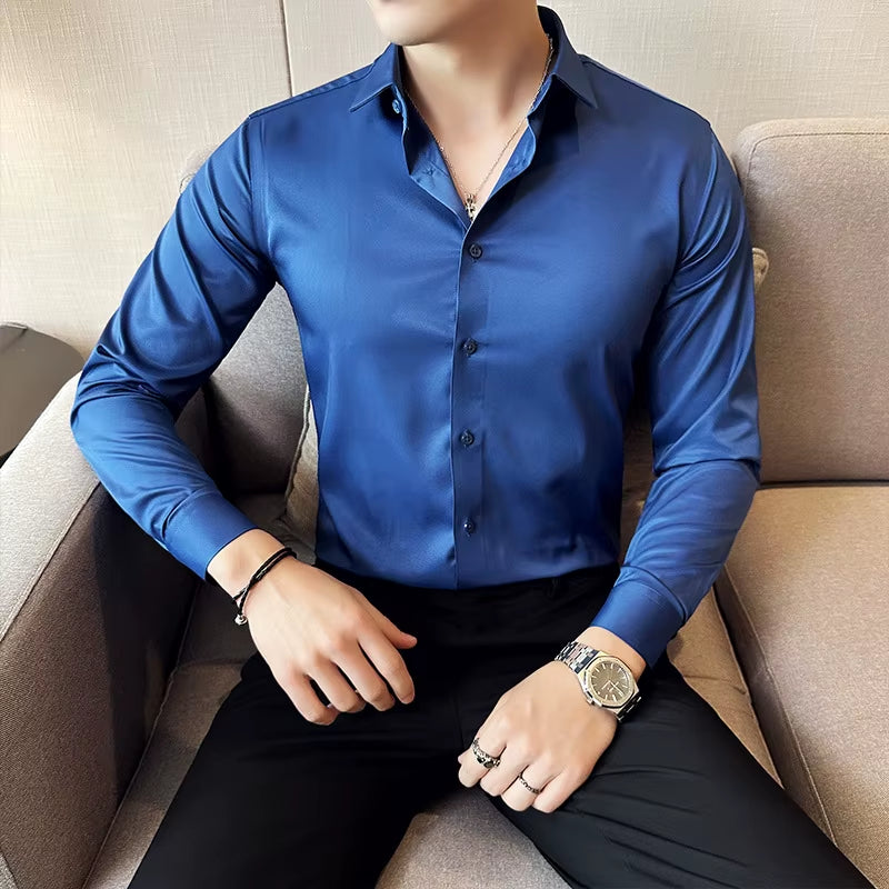 Seamless Silk Business Casual Shirt, Long Sleeved White Non Ironing Elastic Silk Sliding Cross Shirt, Men'S Formal Wear