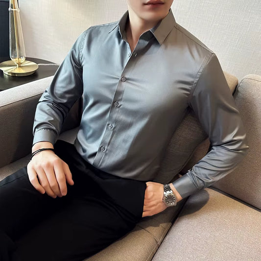 Seamless Silk Business Casual Shirt, Long Sleeved White Non Ironing Elastic Silk Sliding Cross Shirt, Men'S Formal Wear