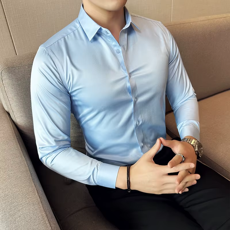 Seamless Silk Business Casual Shirt, Long Sleeved White Non Ironing Elastic Silk Sliding Cross Shirt, Men'S Formal Wear