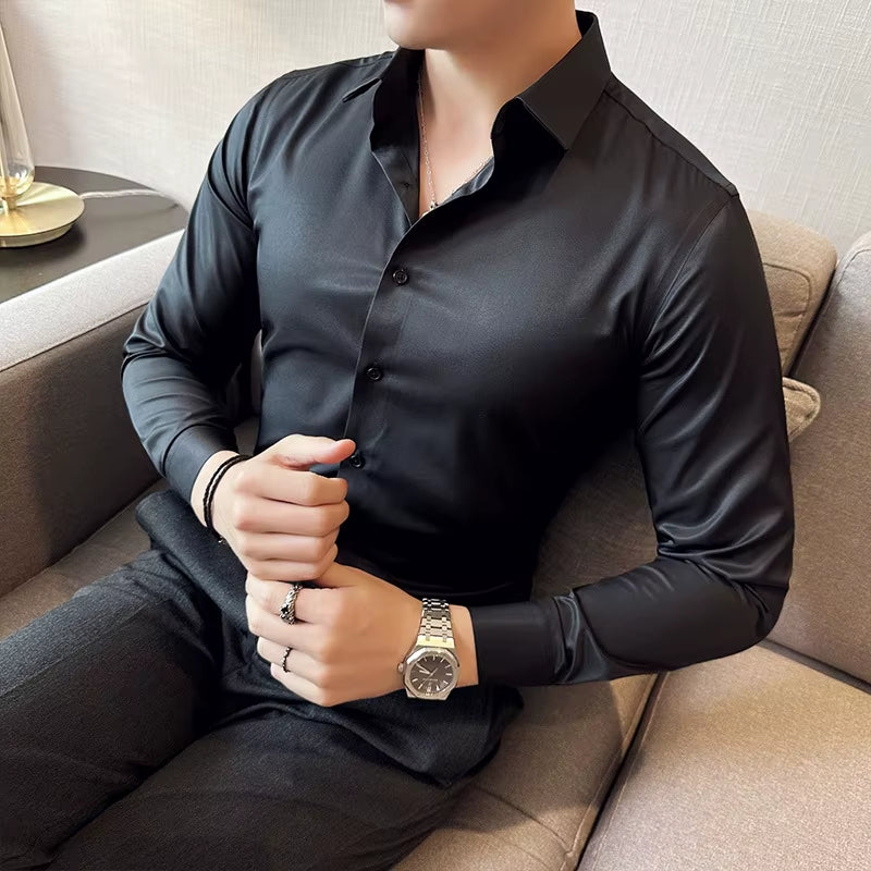 Seamless Silk Business Casual Shirt, Long Sleeved White Non Ironing Elastic Silk Sliding Cross Shirt, Men'S Formal Wear